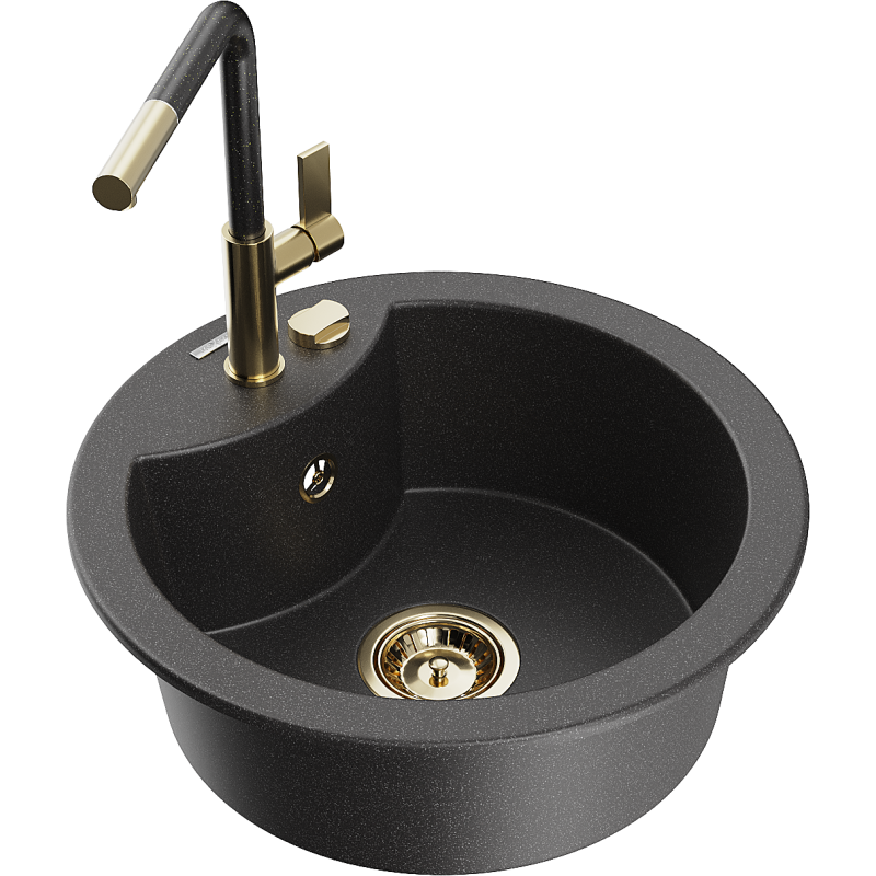 Mexen Diego vienos kameros granitinis plautuvės komplektas su Flora virtuves maišytuvu, juodas dėmėtas - 6512-76-670401-75-G