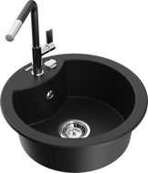 Mexen Diego granitinė vienos kameros kriauklė su Flora virtuvės maišytuvu, juoda - 6512-77-670401-07