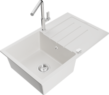 Mexen Bruno granitinė virtuvinė kriauklė su vienu dubeniu, nusausintuvu ir maišytuvu Flora, balta - 6513-20-670401-00