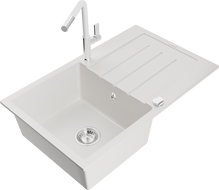 Mexen Bruno vienos kameros granito plautuvė su nutekėjimu ir Flora virtuvės maišytuvu, balta - 6513-20-670401-02