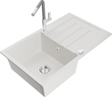 Mexen Bruno granitinis vienos dubenėlės plautuvė su nutekėjimo lenta ir virtuviniu maišytuvu Flora, balta - 6513-20-670401-06