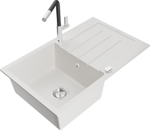 Mexen Bruno vienos kameros granito plautuvė su nusausinimo lentyna ir virtuvės maišytuvu Flora, balta - 6513-20-670401-07