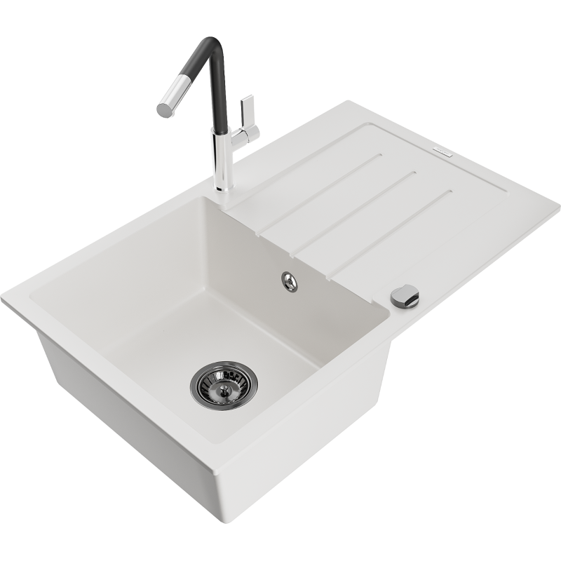 Mexen Bruno granitinė vienos kameros plautuvė su nusausintuvu ir virtuviniu maišytuvu Flora, balta - 6513-20-670401-07-B