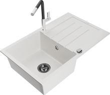 Mexen Bruno granitinė vienos kameros plautuvė su nusausintuvu ir virtuviniu maišytuvu Flora, balta - 6513-20-670401-07-B