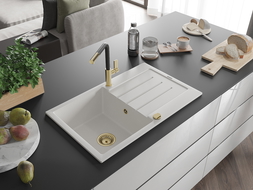 Mexen Bruno vientisas granitinis plautuvas su nutekėjimo plokšte ir virtuviniu maišytuvu Flora, baltas - 6513-20-670401-57-G