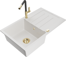 Mexen Bruno vientisas granitinis plautuvas su nutekėjimo plokšte ir virtuviniu maišytuvu Flora, baltas - 6513-20-670401-57-G