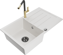 Mexen Bruno granito plautuvė su viena kamera ir nusausinimo vieta, su Flora virtuvės maišytuvu, balta - 6513-20-670401-57-B