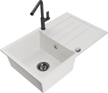 Mexen Bruno vienos dubenės granitinis plautuvas su drenažu ir virtuviniu maišytuvu Flora, baltas - 6513-20-670401-70-B