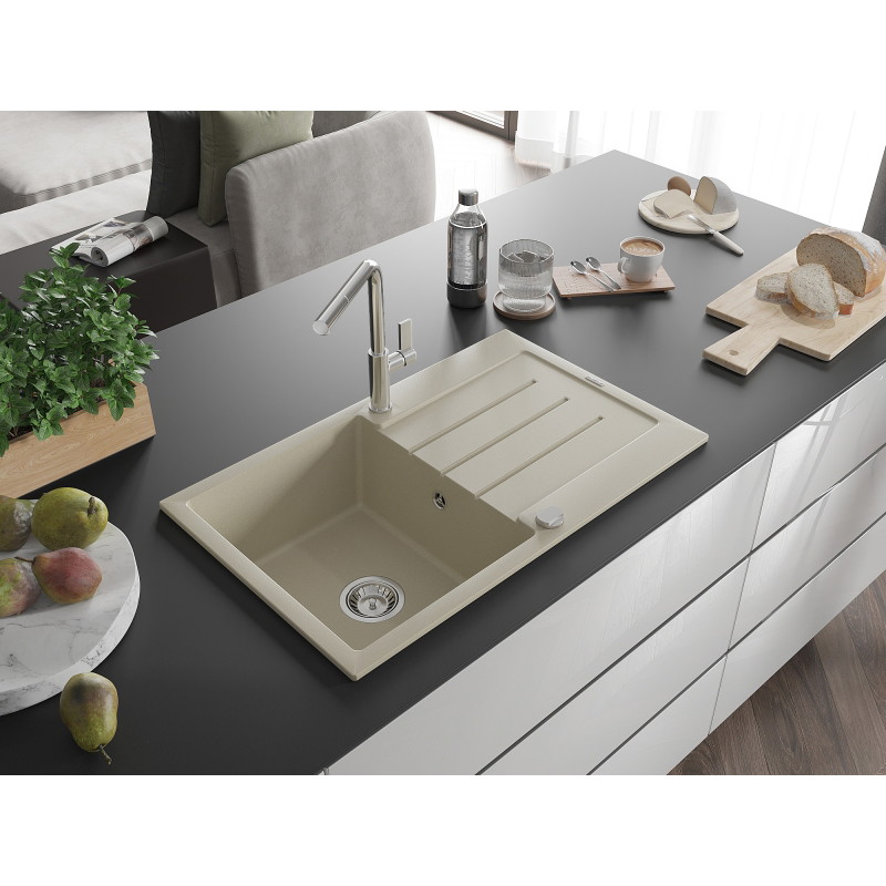 Mexen Bruno granitinė vienos kameros virtuvės kriauklė su džiovintuvu ir virtuvės maišytuvu Flora, smėlio spalvos