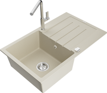 Mexen Bruno granito plautuvė su viena kamera ir nusausintuvu bei virtuviniu maišytuvu Flora, smėlinė - 6513-69-670401-00