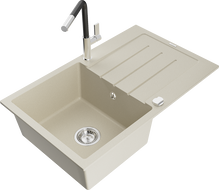 Mexen Bruno granito plautuvė 1 skyrius su lašėjimu ir Flora virtuvės maišytuvu, smėlio - 6513-69-670401-07