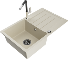 Mexen Bruno granitinė vienos kameros kriauklė su drenažu ir Flora virtuviniu maišytuvu, smėlio spalvos - 6513-69-670401-07-B