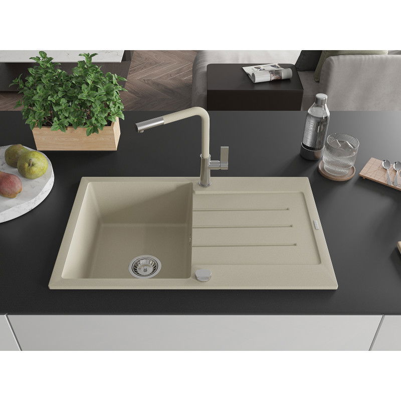 Mexen Bruno vienos kameros granitinė kriauklė su nusausintuvu ir virtuviniu maišytuvu Flora, smėlio spalvos