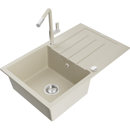 Mexen Bruno vienos kameros granitinė kriauklė su nusausintuvu ir virtuviniu maišytuvu Flora, smėlio spalvos