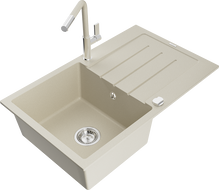 Mexen Bruno vienos kameros granitinė kriauklė su nusausintuvu ir virtuviniu maišytuvu Flora, smėlio spalvos