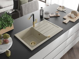 Mexen Bruno 1-skylių granitinė kriauklė su nutekėjimo skydu ir Flora virtuviniu maišytuvu, smėlio spalvos