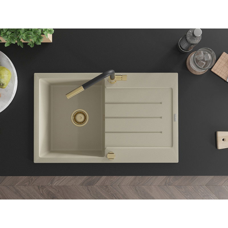 Mexen Bruno 1-skylių granitinė kriauklė su nutekėjimo skydu ir Flora virtuviniu maišytuvu, smėlio spalvos