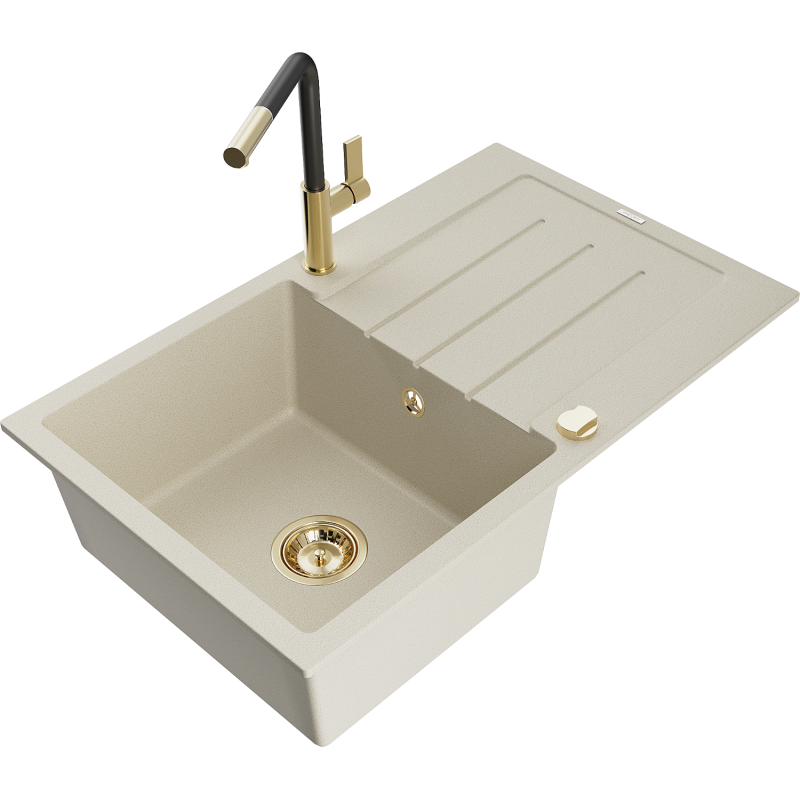 Mexen Bruno 1-skylių granitinė kriauklė su nutekėjimo skydu ir Flora virtuviniu maišytuvu, smėlio spalvos