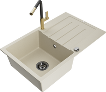 Mexen Bruno vienos kameros granito plautuvė su nusausinimo paviršiumi ir Flora virtuvinio maišytuvo galvučiu, smėlio