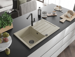 Mexen Bruno granito kriauklė su viena plautuve ir nusausintuvu bei Flora virtuviniu maišytuvu, smėlinė - 6513-69-670401-70-B