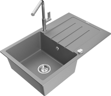 Mexen Bruno granitinis vienos dubens plautuvė su nutekėjančia dalimi ir Flora virtuviniu maišytuvu, pilka - 6513-71-670401-00