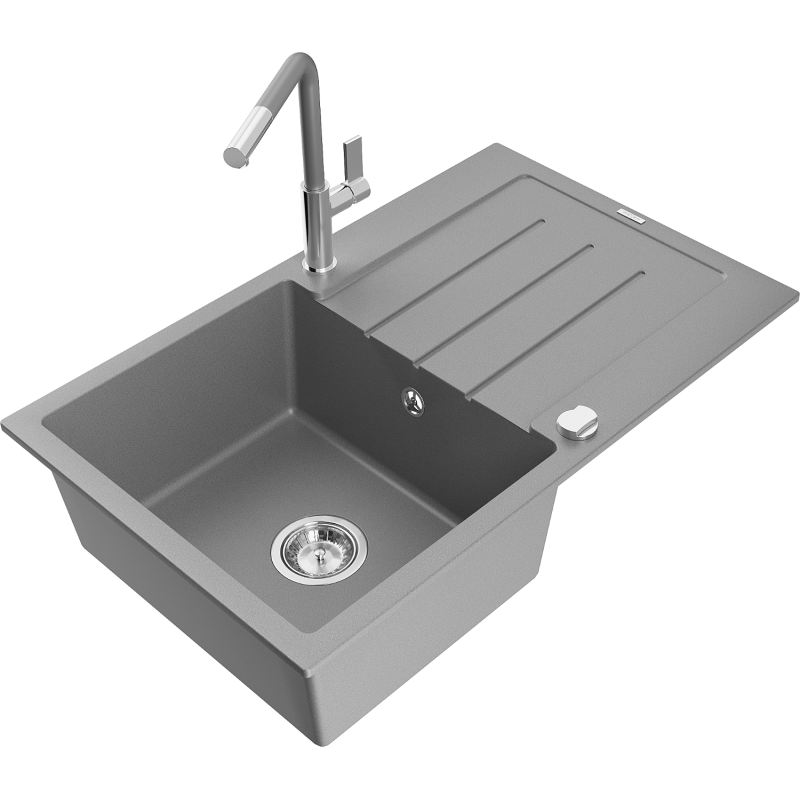 Mexen Bruno granitinis kriauklė su 1 skyriumi ir nutekėjimu bei virtuviniu maišytuvu Flora, pilkas - 6513-71-670401-06