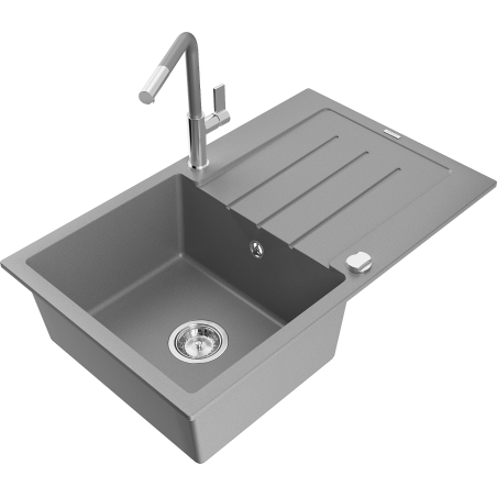 Mexen Bruno granitinis kriauklė su 1 skyriumi ir nutekėjimu bei virtuviniu maišytuvu Flora, pilkas - 6513-71-670401-06