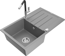 Mexen Bruno granito plautuvė su viena kamera ir nutekėjimo zona bei Flora virtuviniu maišytuvu, pilka - 6513-71-670401-07