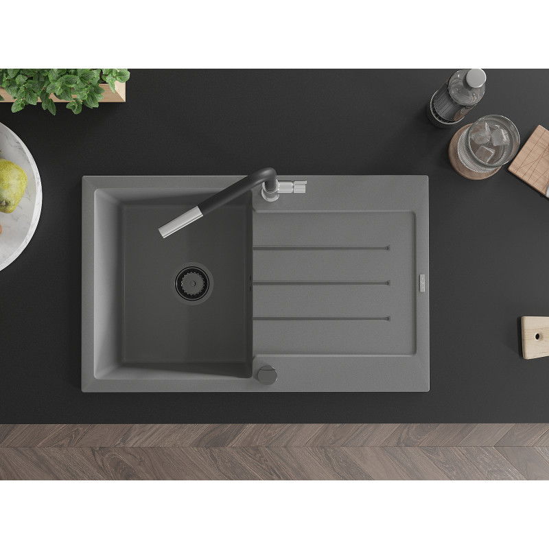 Mexen Bruno granitinė vienos kameros plautuvė su plautuvės dangčiu ir virtuviniu maišytuvu Flora, pilka - 6513-71-670401-07-B