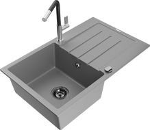 Mexen Bruno granitinė vienos kameros plautuvė su plautuvės dangčiu ir virtuviniu maišytuvu Flora, pilka - 6513-71-670401-07-B