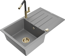 Mexen Bruno granito virtuvės kriauklė su vienu dubeniu ir nutekėjimu bei Flora virtuvės maišytuvu, pilkas - 6513-71-670401-57-G
