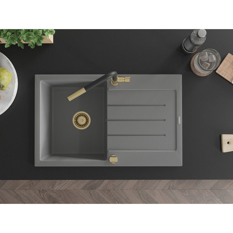 Mexen Bruno granito virtuvės kriauklė su vienu dubeniu ir nutekėjimu bei Flora virtuvės maišytuvu, pilkas - 6513-71-670401-57-G
