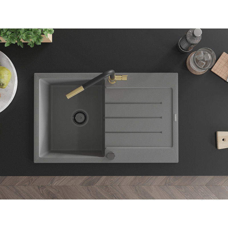 Mexen Bruno granitinė vienos kameros plautuvė su nuvarvėjimu ir Flora virtuvės maišytuvu, pilka - 6513-71-670401-57-B