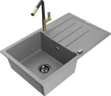 Mexen Bruno granitinė vienos kameros plautuvė su nuvarvėjimu ir Flora virtuvės maišytuvu, pilka - 6513-71-670401-57-B