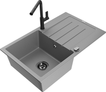 Mexen Bruno granitinis vienos kameros plautuvė su nusausintuvu ir virtuviniu maišytuvu Flora, pilkas - 6513-71-670401-70-B