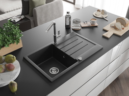 Mexen Bruno 1 skyrius granitinis plautuvas su nusausinimo ir Flora virtuviniu maišytuvu, juoda/sidabrinė metalika