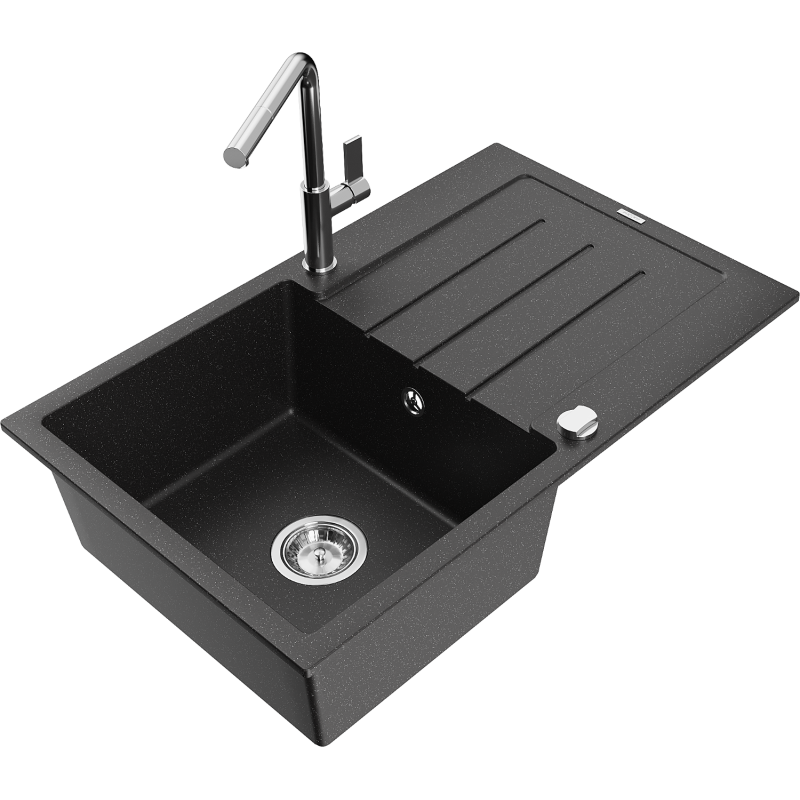 Mexen Bruno 1 skyrius granitinis plautuvas su nusausinimo ir Flora virtuviniu maišytuvu, juoda/sidabrinė metalika