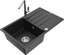 Mexen Bruno 1 skyrius granitinis plautuvas su nusausinimo ir Flora virtuviniu maišytuvu, juoda/sidabrinė metalika