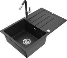 Mexen Bruno granito plautuvė 1 skyriumi su nutekėjimu ir virtuviniu maišytuvu Flora, juoda/sidabrinė metalikas