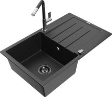 Mexen Bruno granitinė vienos kameros plautuvė su nusausintoju ir Flora virtuvinis maišytuvas, juoda/sidabrinis metalikas