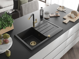 Mexen Bruno granitinė vienos plautuvės kriauklė su nutekėjimu ir Flora virtuvės maišytuvu, juoda/sidabrinė metalik