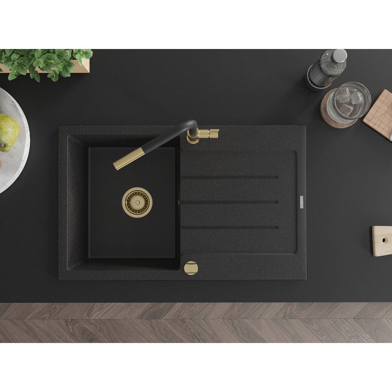 Mexen Bruno granitinė vienos plautuvės kriauklė su nutekėjimu ir Flora virtuvės maišytuvu, juoda/sidabrinė metalik