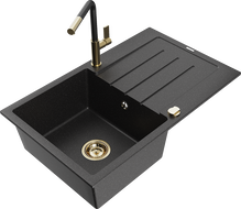 Mexen Bruno granitinė vienos plautuvės kriauklė su nutekėjimu ir Flora virtuvės maišytuvu, juoda/sidabrinė metalik