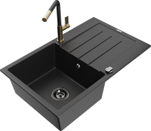 Mexen Bruno granitinė vienos plautuvės kriauklė su nutekamuoju paviršiumi ir Flora virtuvės maišytuvu, juoda/sidabrinė