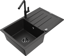 Mexen Bruno vienos kameros granitinė virtuvės kriauklė su nuvarvėjimo vieta ir virtuvės maišytuvu Flora, juoda/sidabrinis