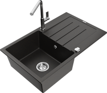 Mexen Bruno granitinė viena talpa su nutekėjimu ir virtuviniu maišytuvu Flora, juodas/auksinis metalikas - 6513-75-670401-00