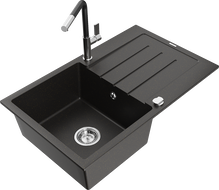 Mexen Bruno granitinė vienos kameros kriauklė su nuvarvėtu ir Flora virtuvine maišytuve, juoda/auksinė metalika