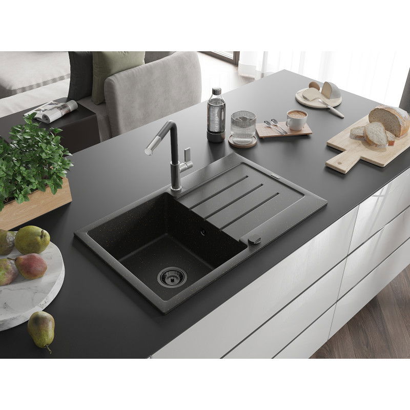 Mexen Bruno granitinė vienos kameros kriauklė su nusausintuvu ir virtuviniu maišytuvu Flora, juoda/auksinis metalikas