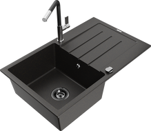 Mexen Bruno granitinė vienos kameros kriauklė su nusausintuvu ir virtuviniu maišytuvu Flora, juoda/auksinis metalikas