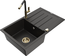 Mexen Bruno granitinė vienos kameros plautuvė su nuvarvėjimo vieta ir Flora virtuvės maišytuvu, juoda/aukso metalikas